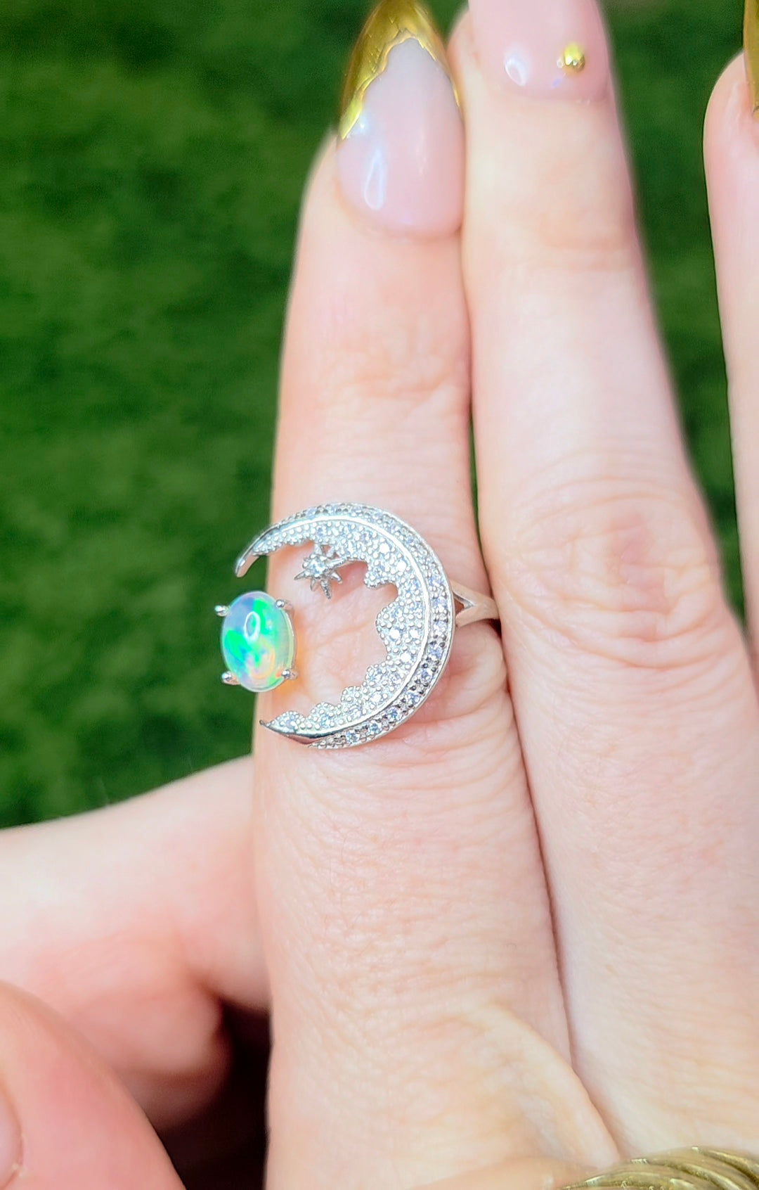White Opal Crescent Moon Ring A
