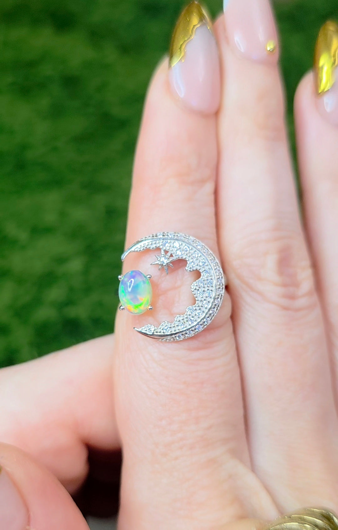 White Opal Crescent Moon Ring A