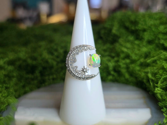 White Opal Crescent Moon Ring A