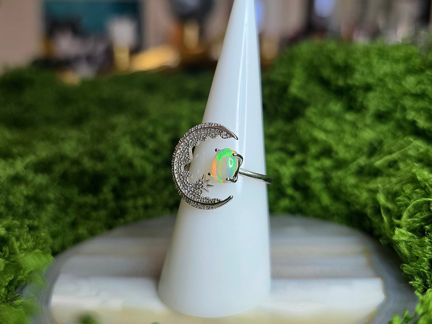White Opal Crescent Moon Ring A