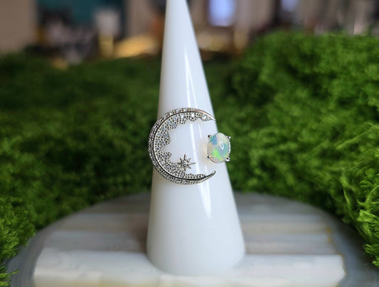 White Opal Crescent Moon Ring B