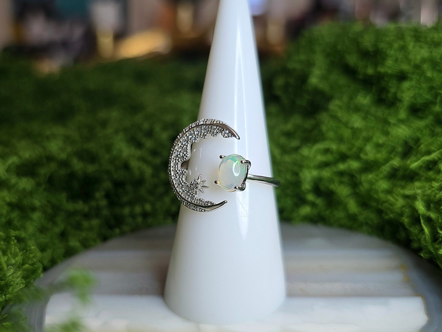 White Opal Crescent Moon Ring B