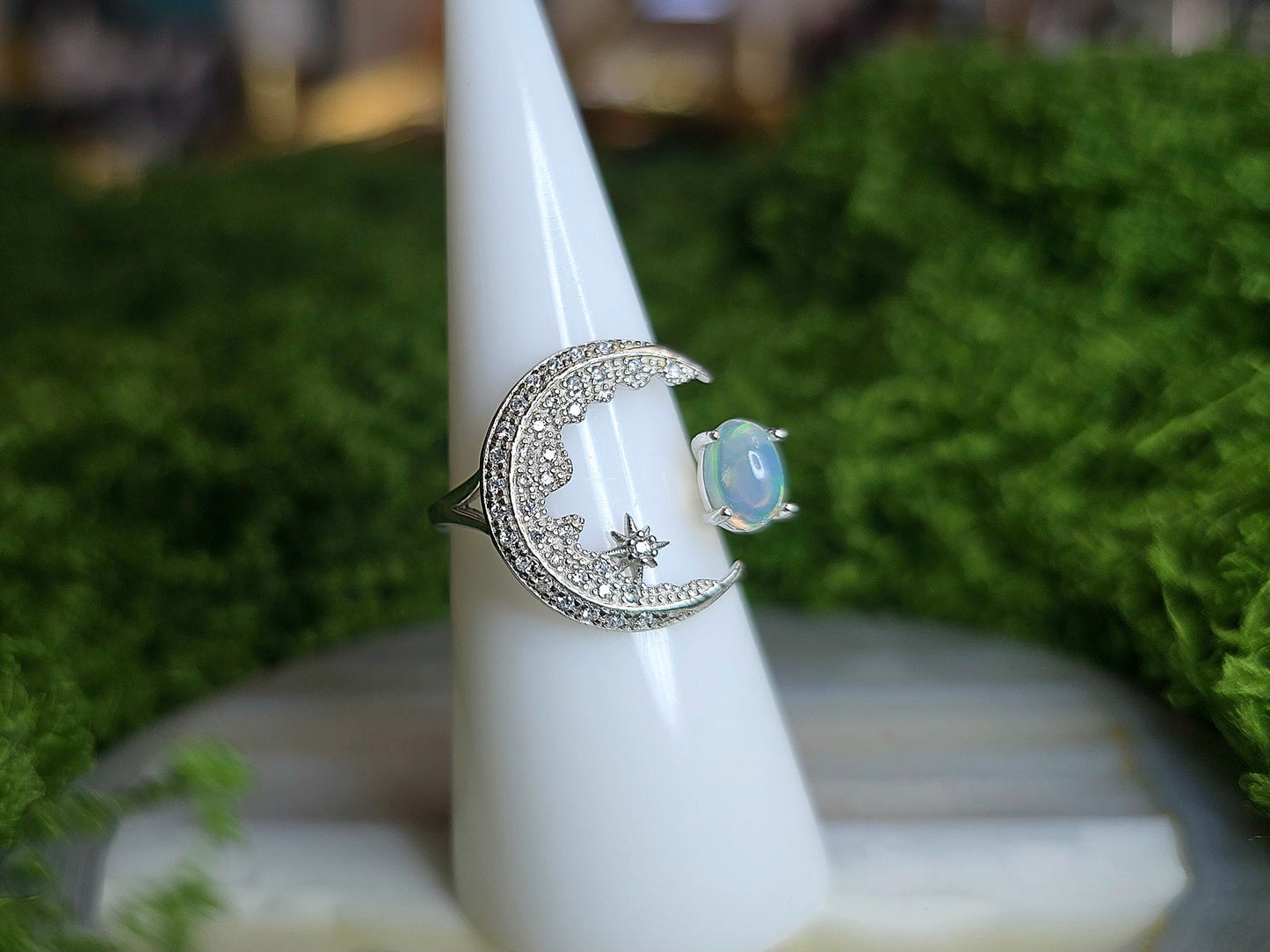 White Opal Crescent Moon Ring B