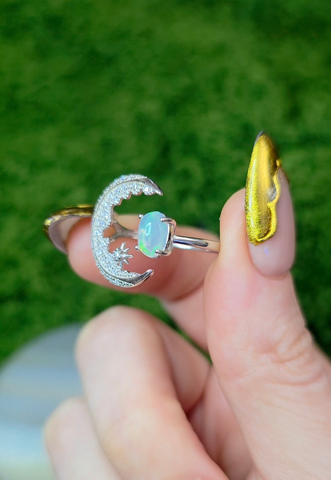 White Opal Crescent Moon Ring B