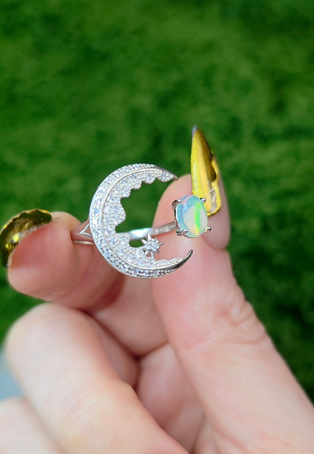 White Opal Crescent Moon Ring B
