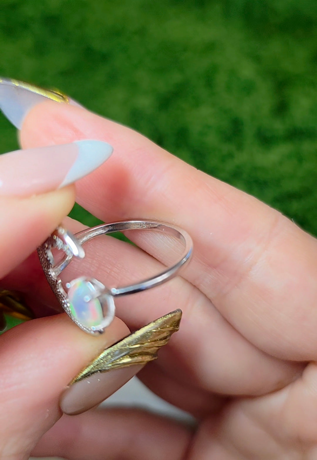 White Opal Crescent Moon Ring B