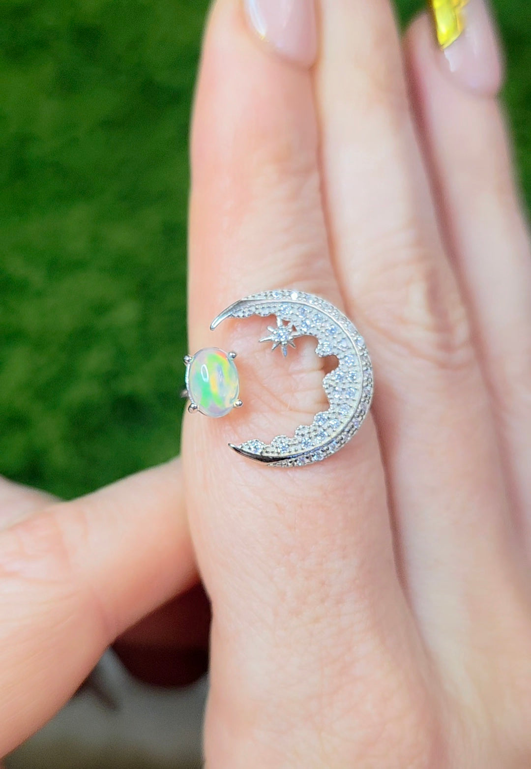 White Opal Crescent Moon Ring B