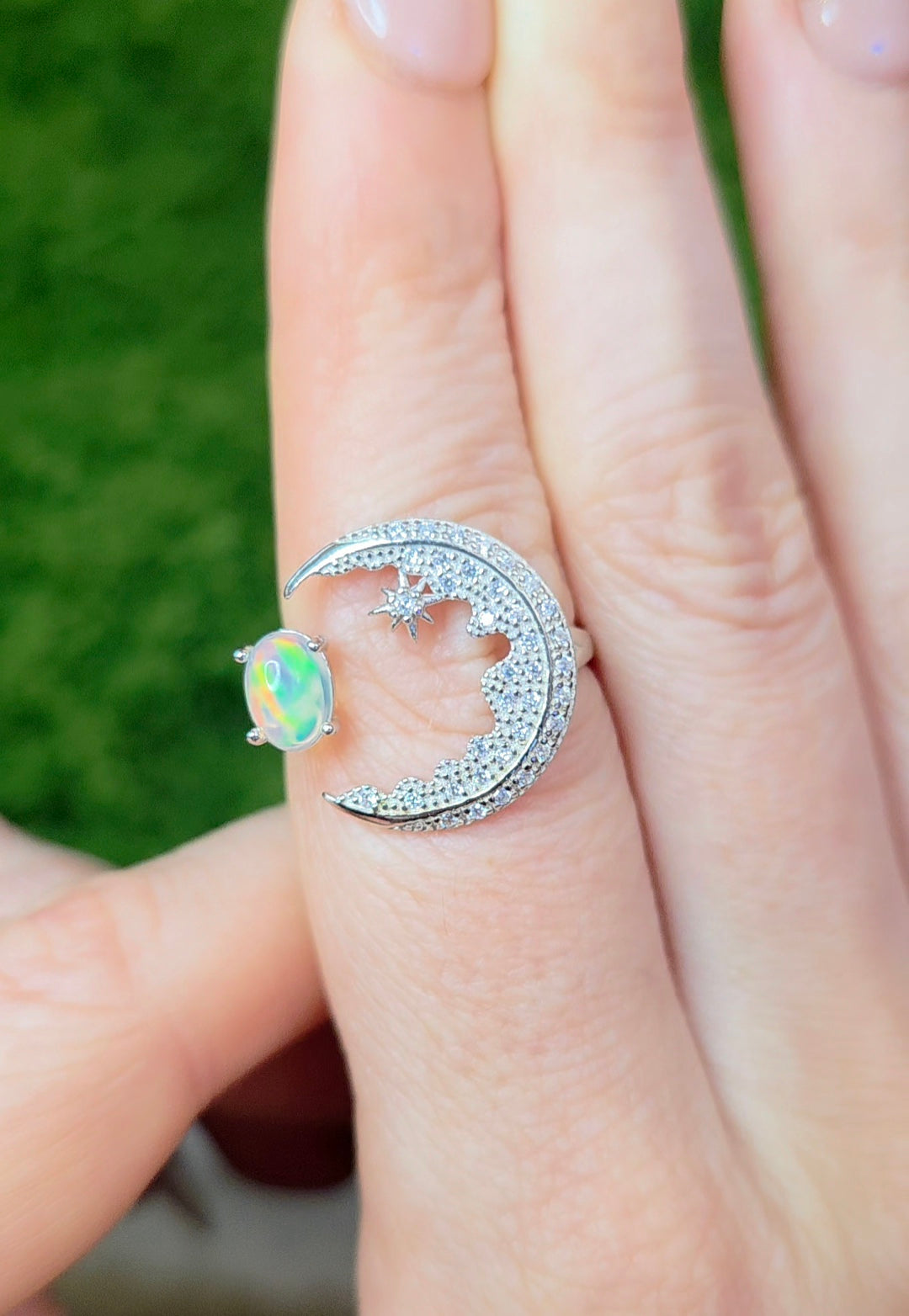 White Opal Crescent Moon Ring B