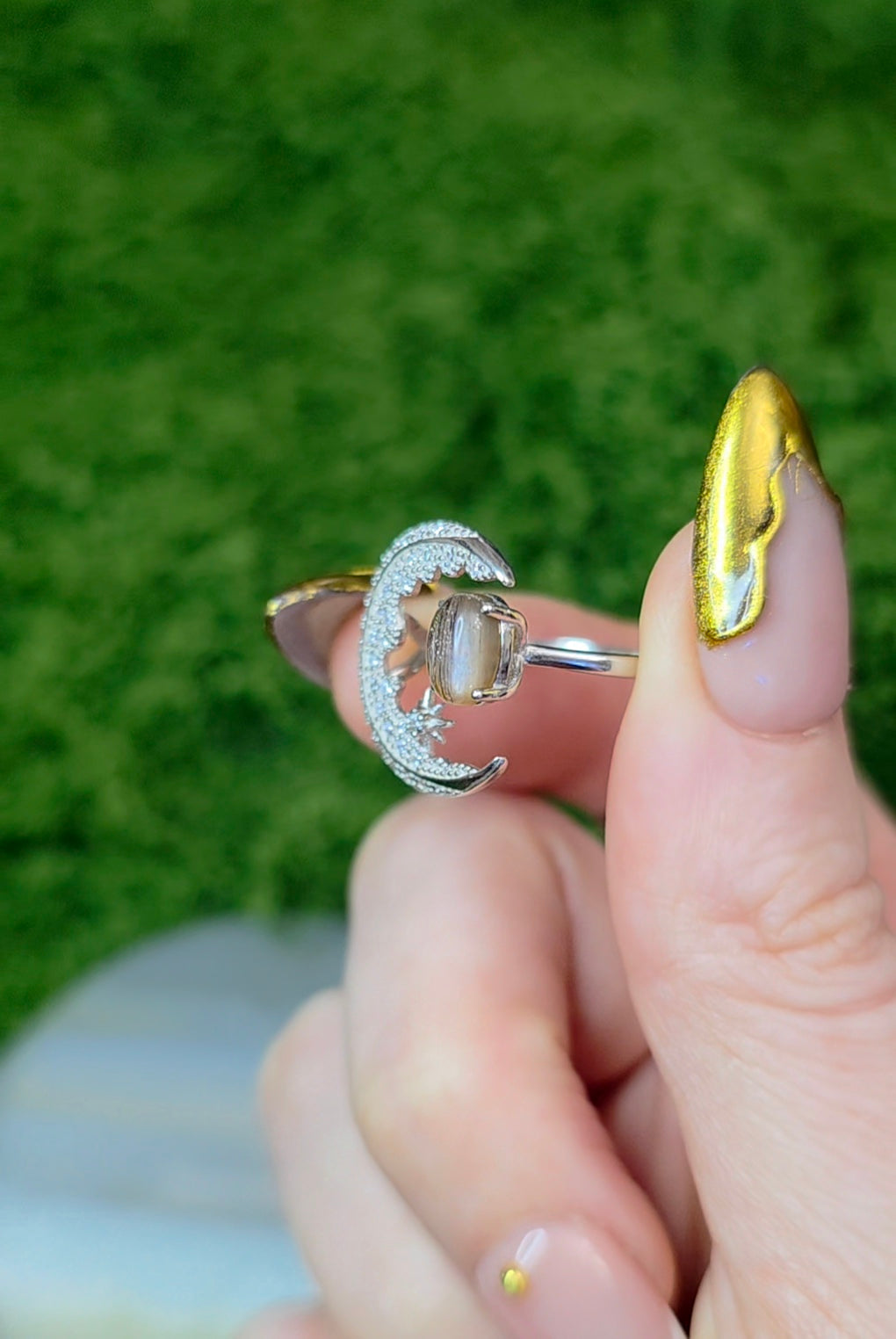 Black Sunstone Crescent Moon Ring A