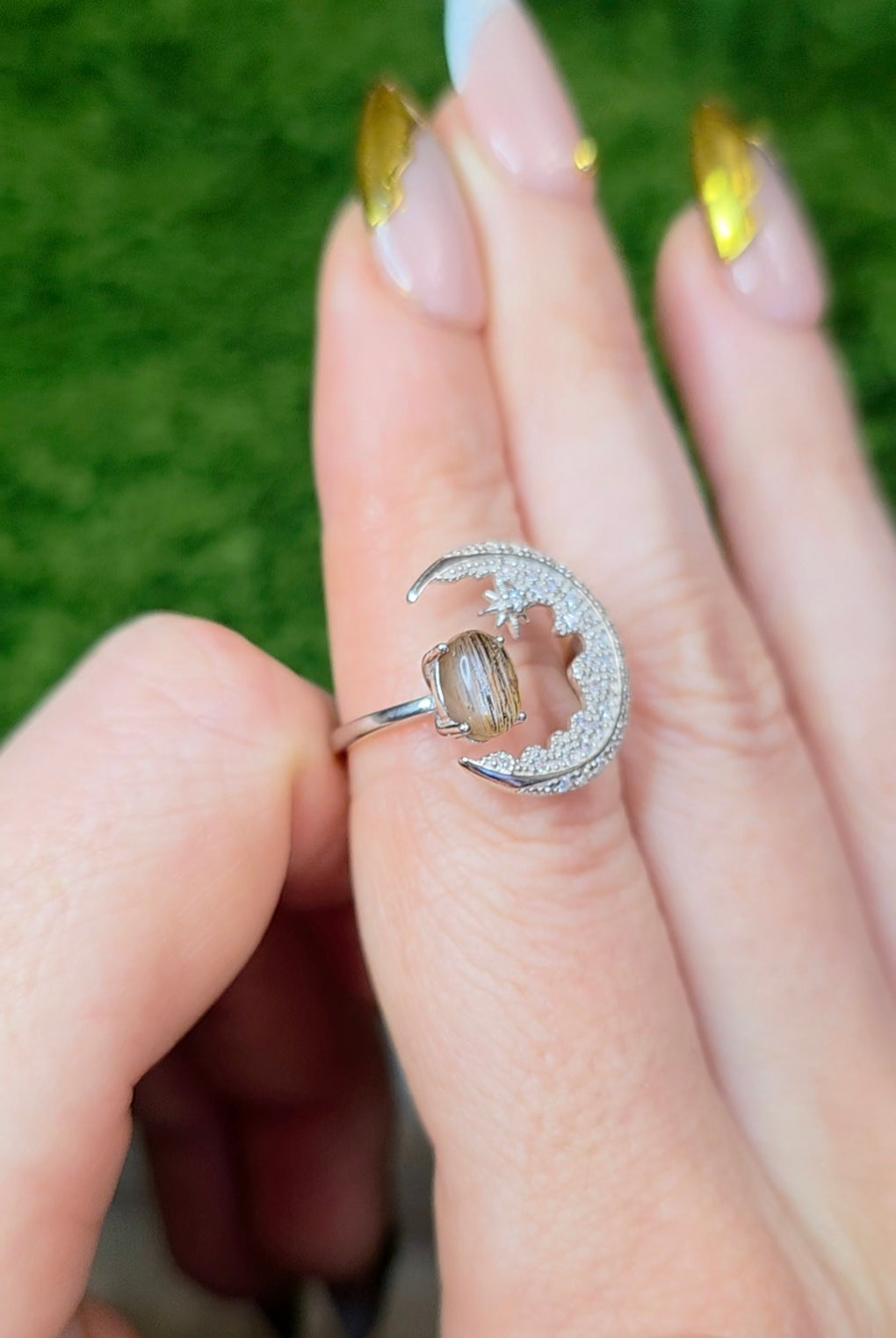 Black Sunstone Crescent Moon Ring A