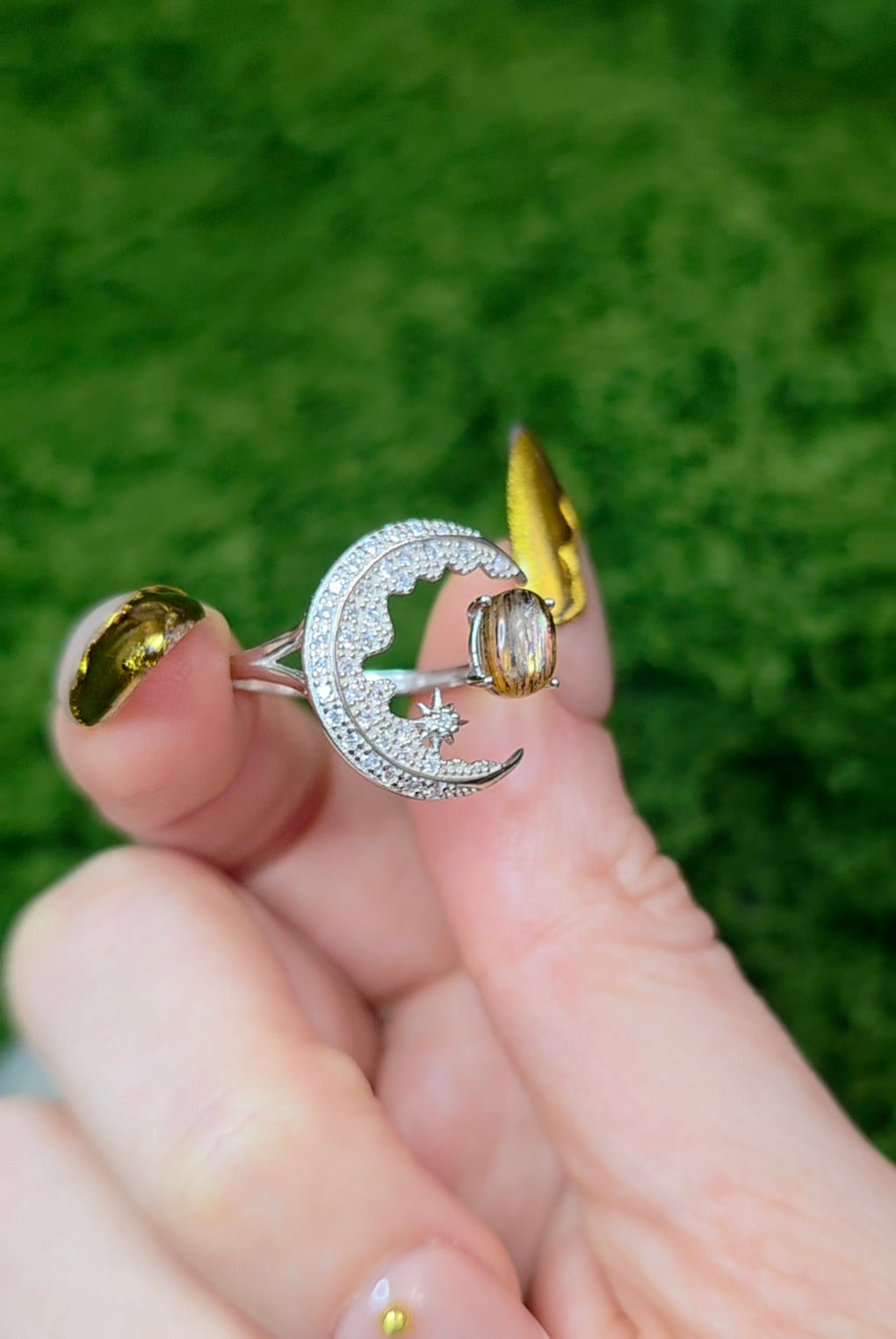 Black Sunstone Crescent Moon Ring A
