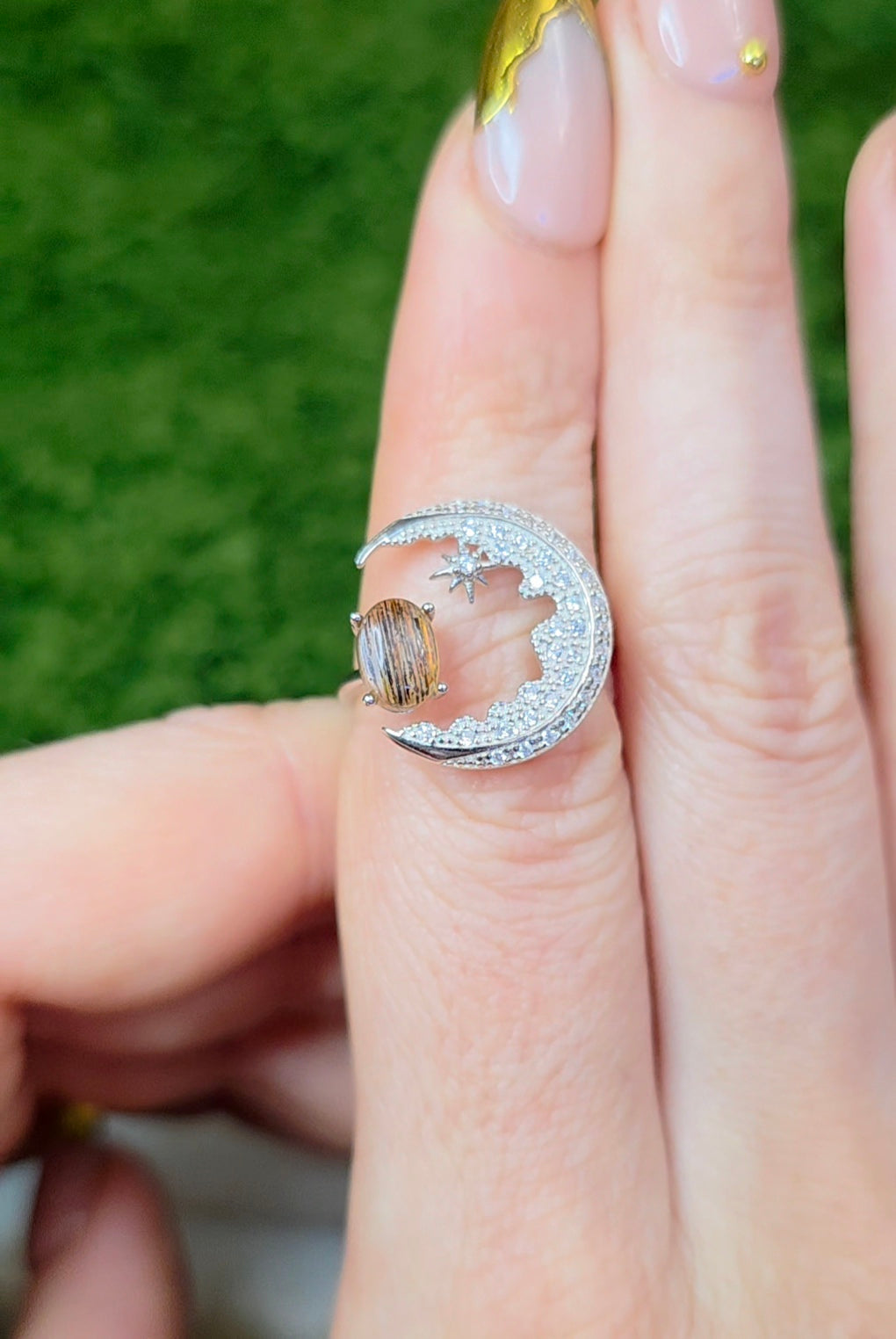 Black Sunstone Crescent Moon Ring A