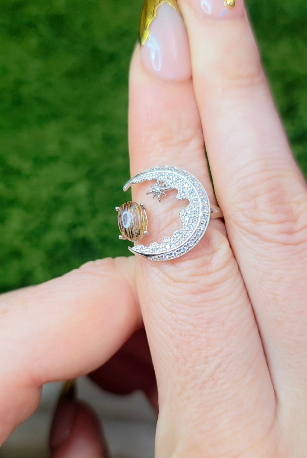 Black Sunstone Crescent Moon Ring A