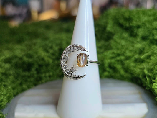 Black Sunstone Crescent Moon Ring A