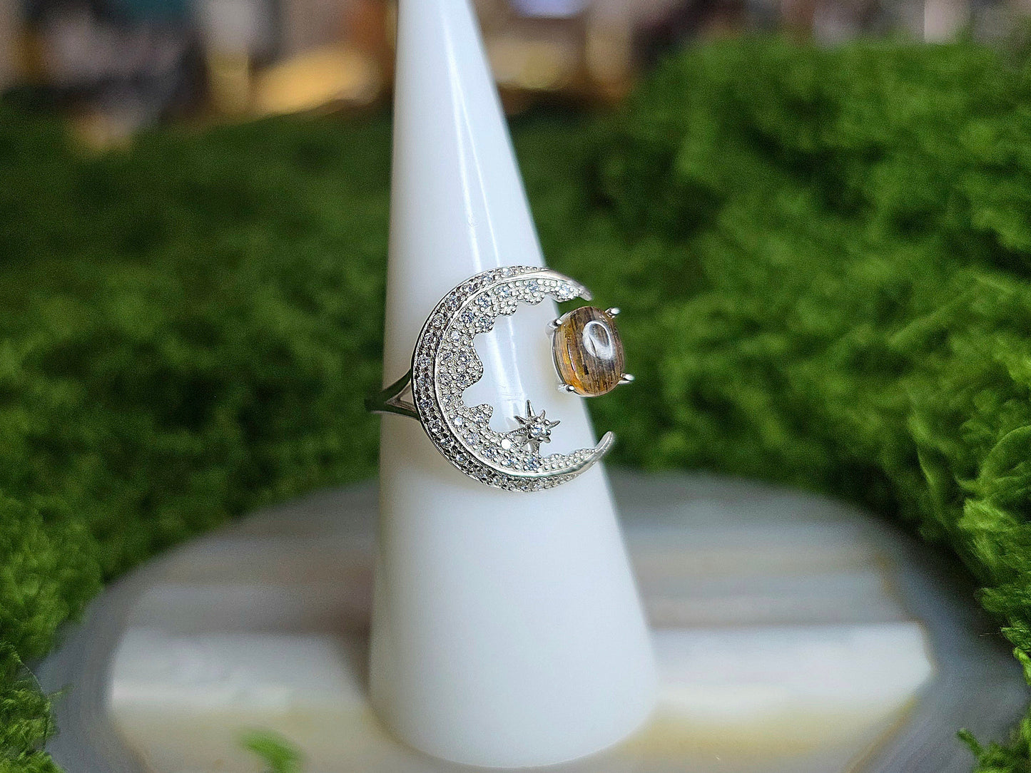 Black Sunstone Crescent Moon Ring A