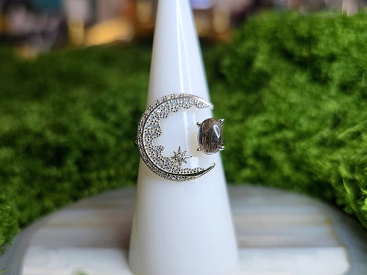 Black Sunstone Crescent Moon Ring B