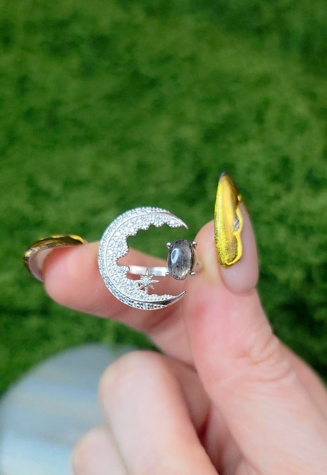 Black Sunstone Crescent Moon Ring B