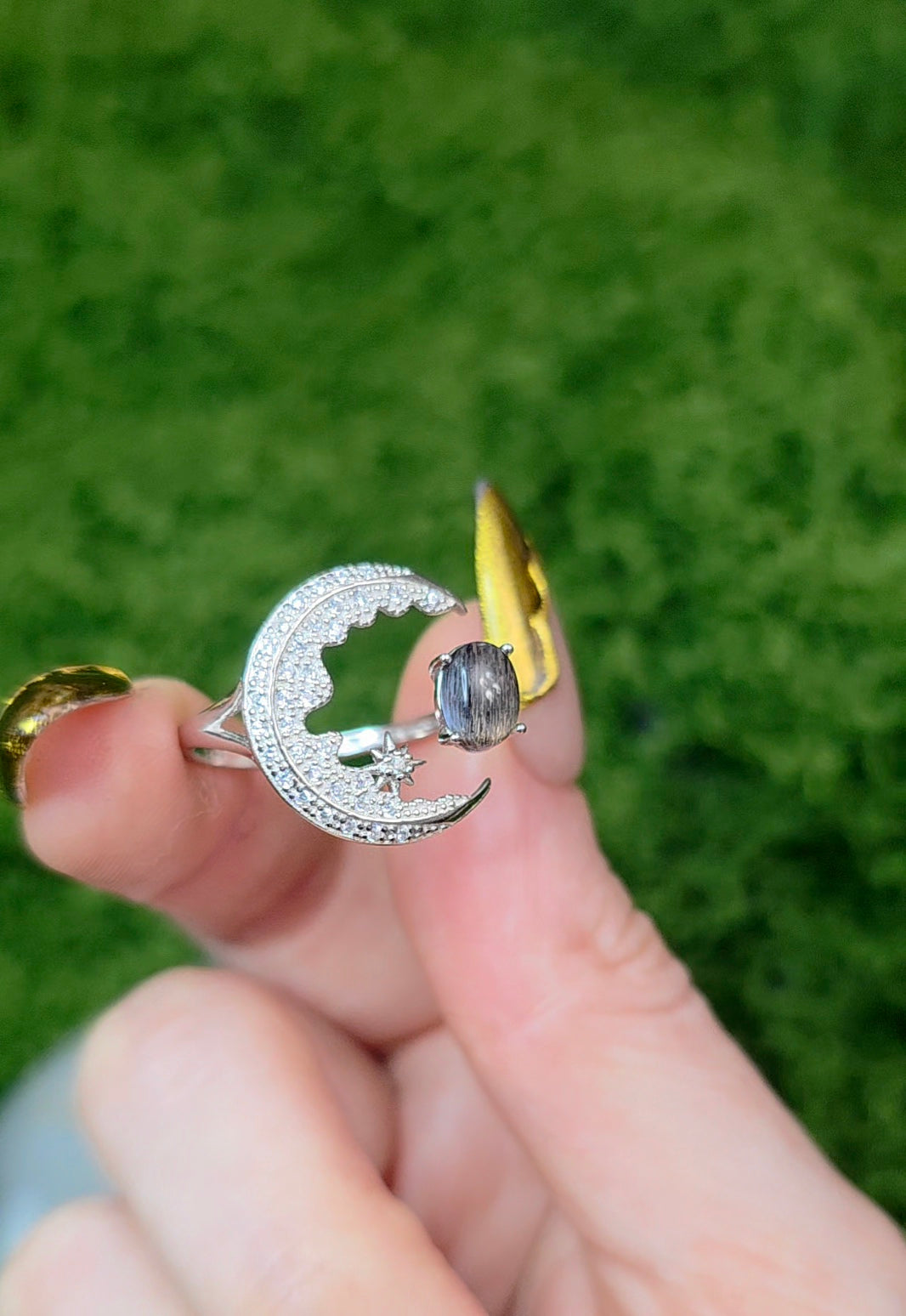 Black Sunstone Crescent Moon Ring B