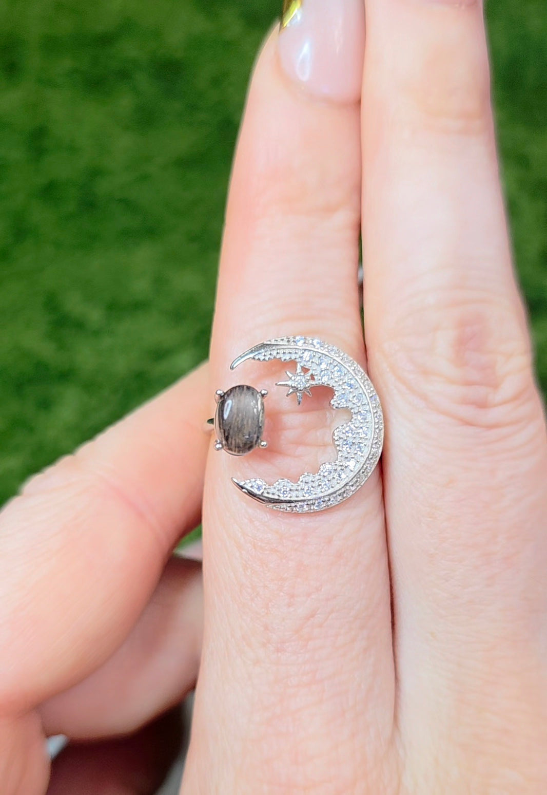 Black Sunstone Crescent Moon Ring B
