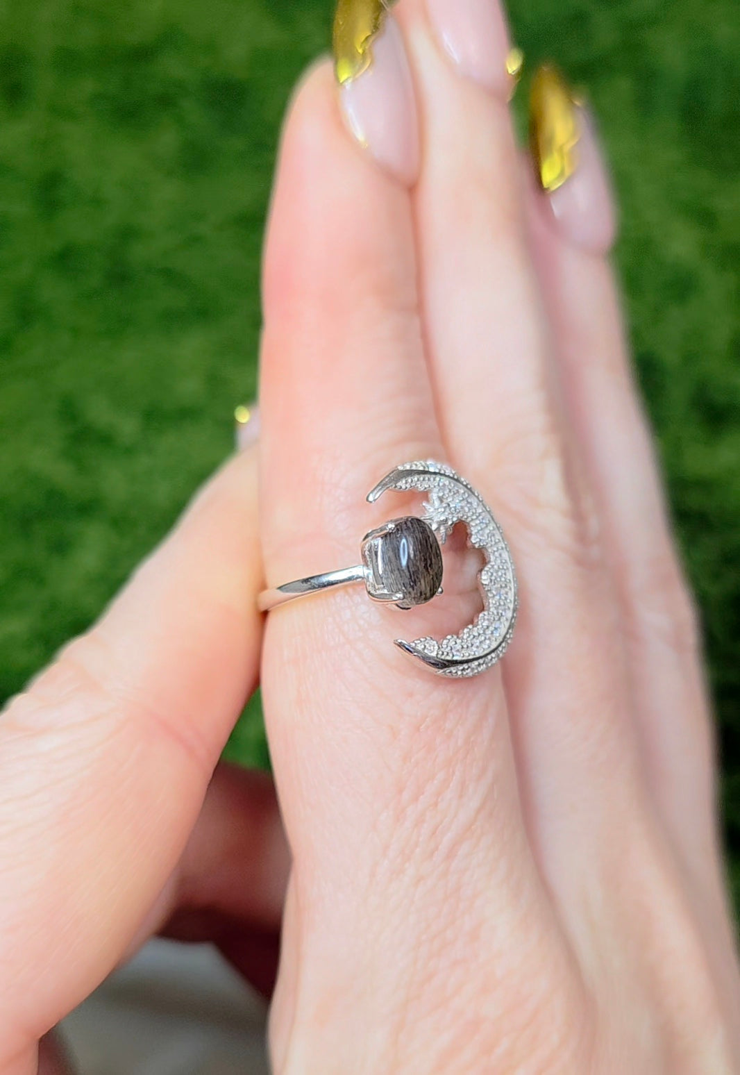 Black Sunstone Crescent Moon Ring B