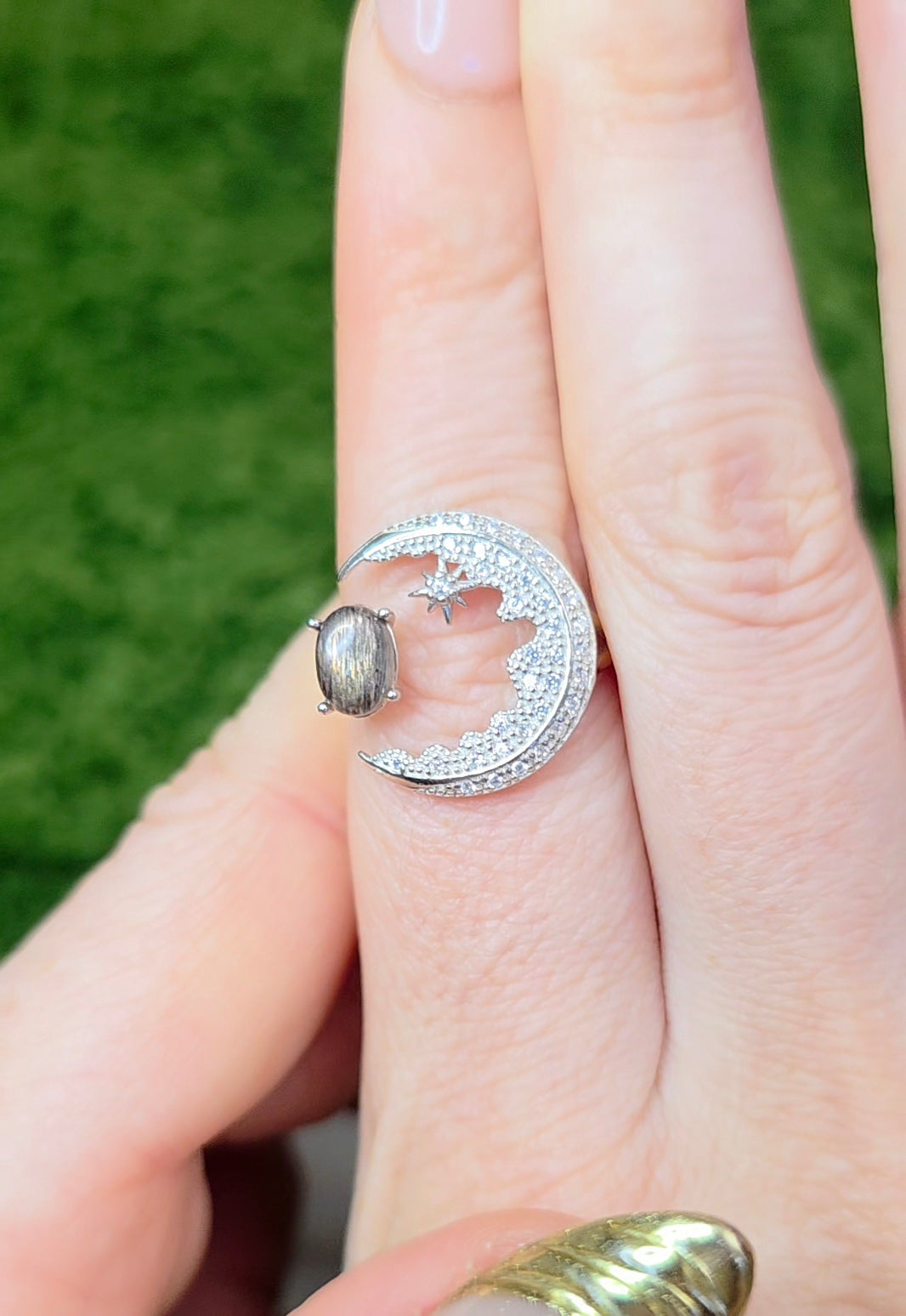 Black Sunstone Crescent Moon Ring B