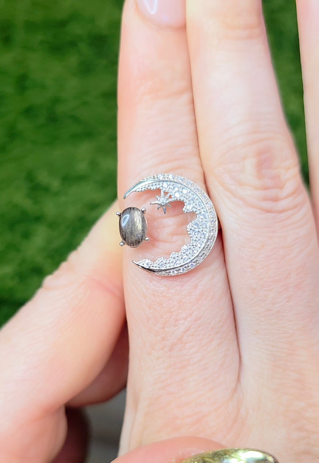Black Sunstone Crescent Moon Ring B