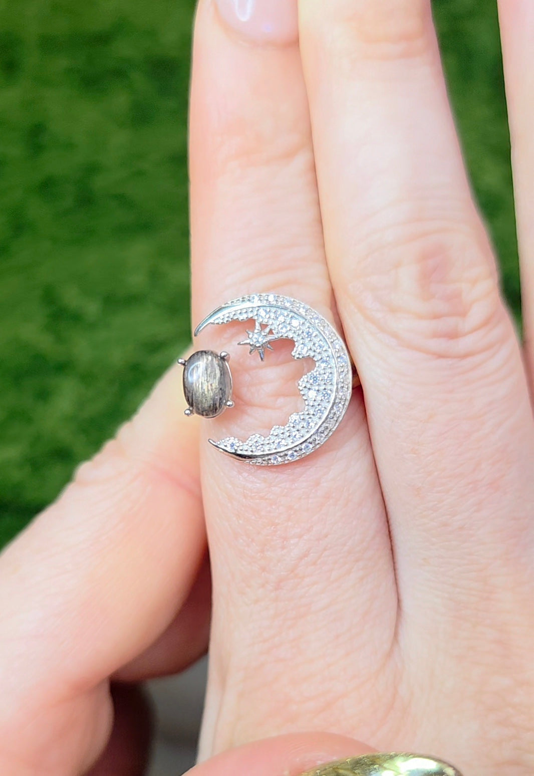 Black Sunstone Crescent Moon Ring B