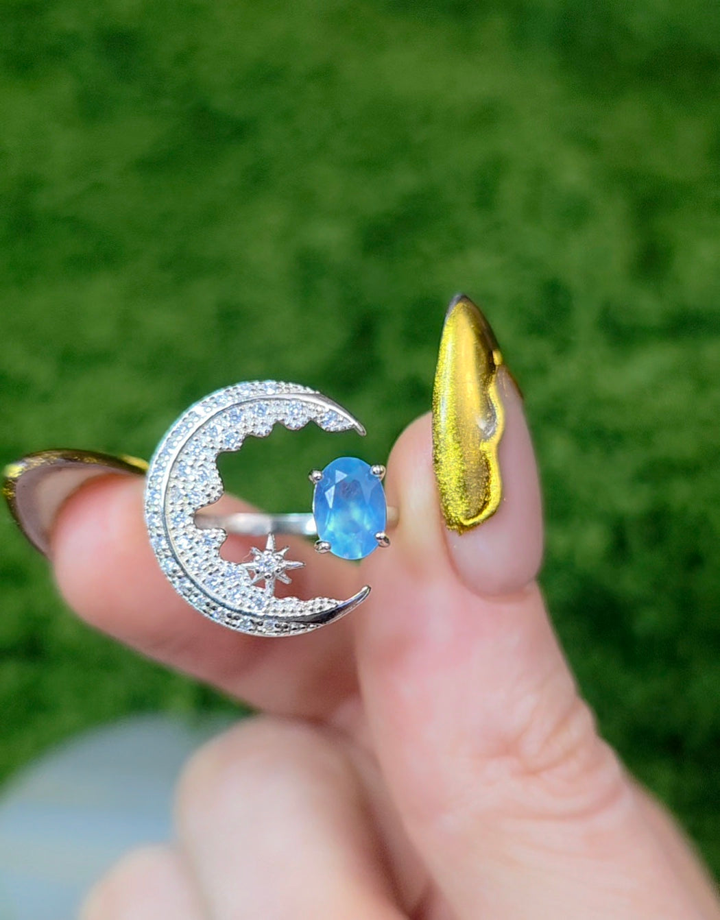 Aquamarine Crescent Moon Ring