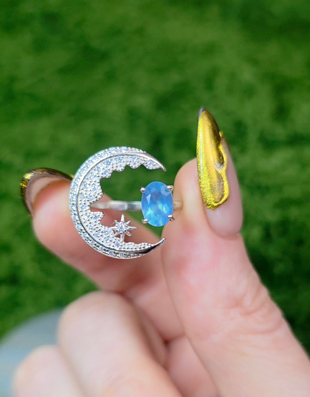 Aquamarine Crescent Moon Ring