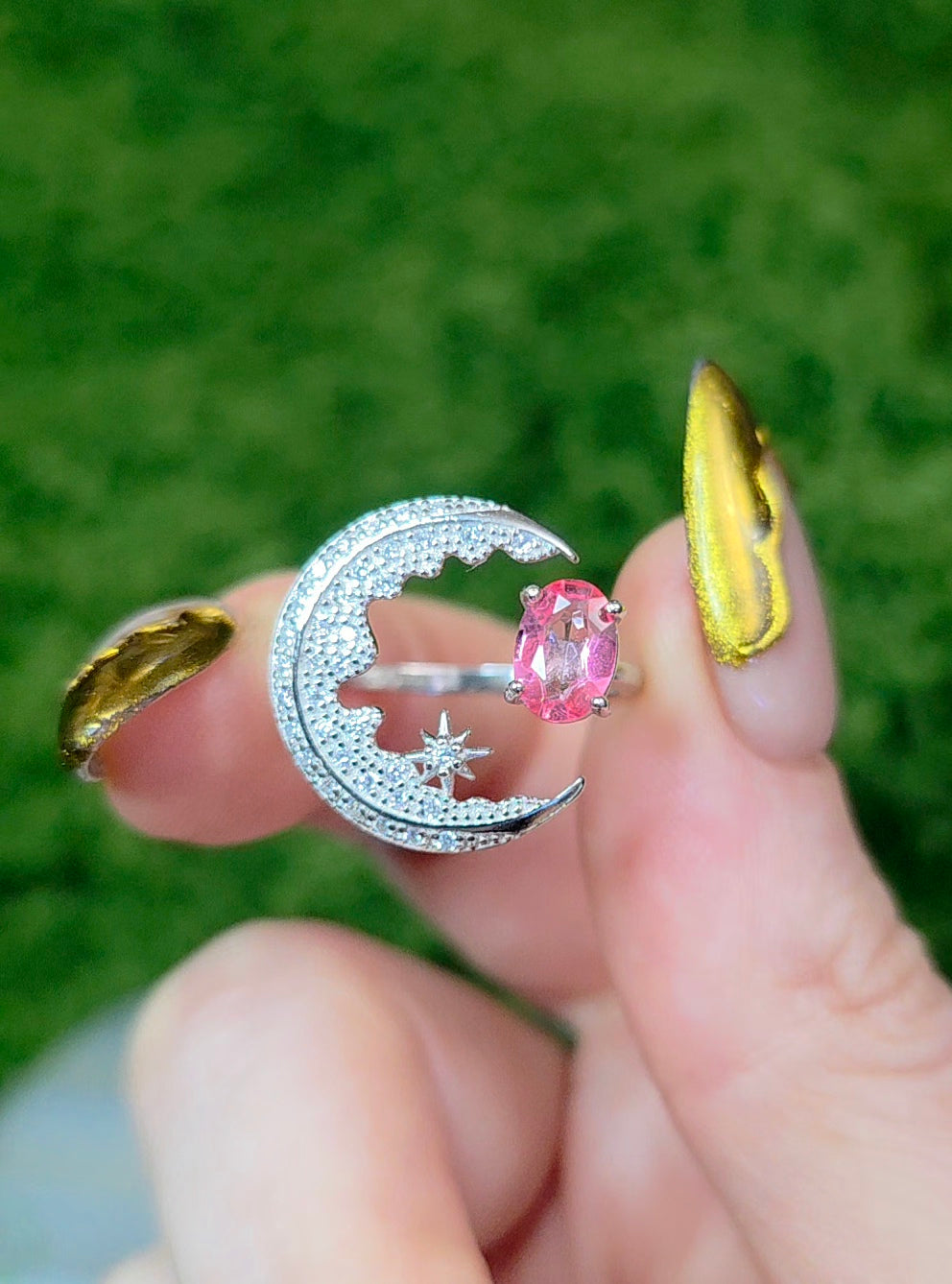 Pink Topaz Crescent Moon Ring