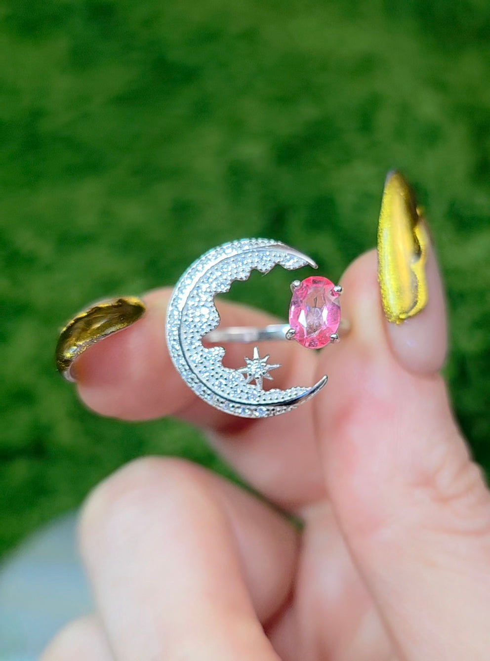 Pink Topaz Crescent Moon Ring