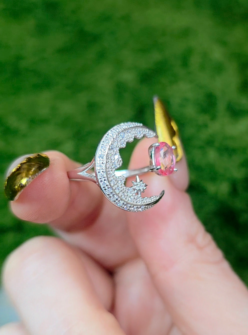 Pink Topaz Crescent Moon Ring