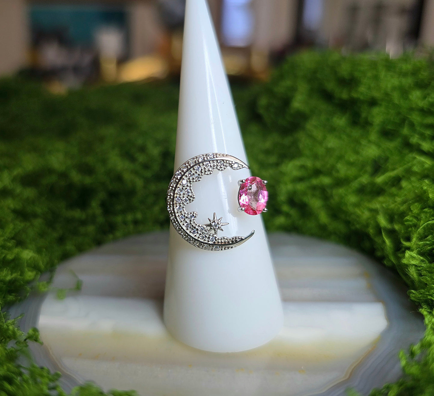 Pink Topaz Crescent Moon Ring