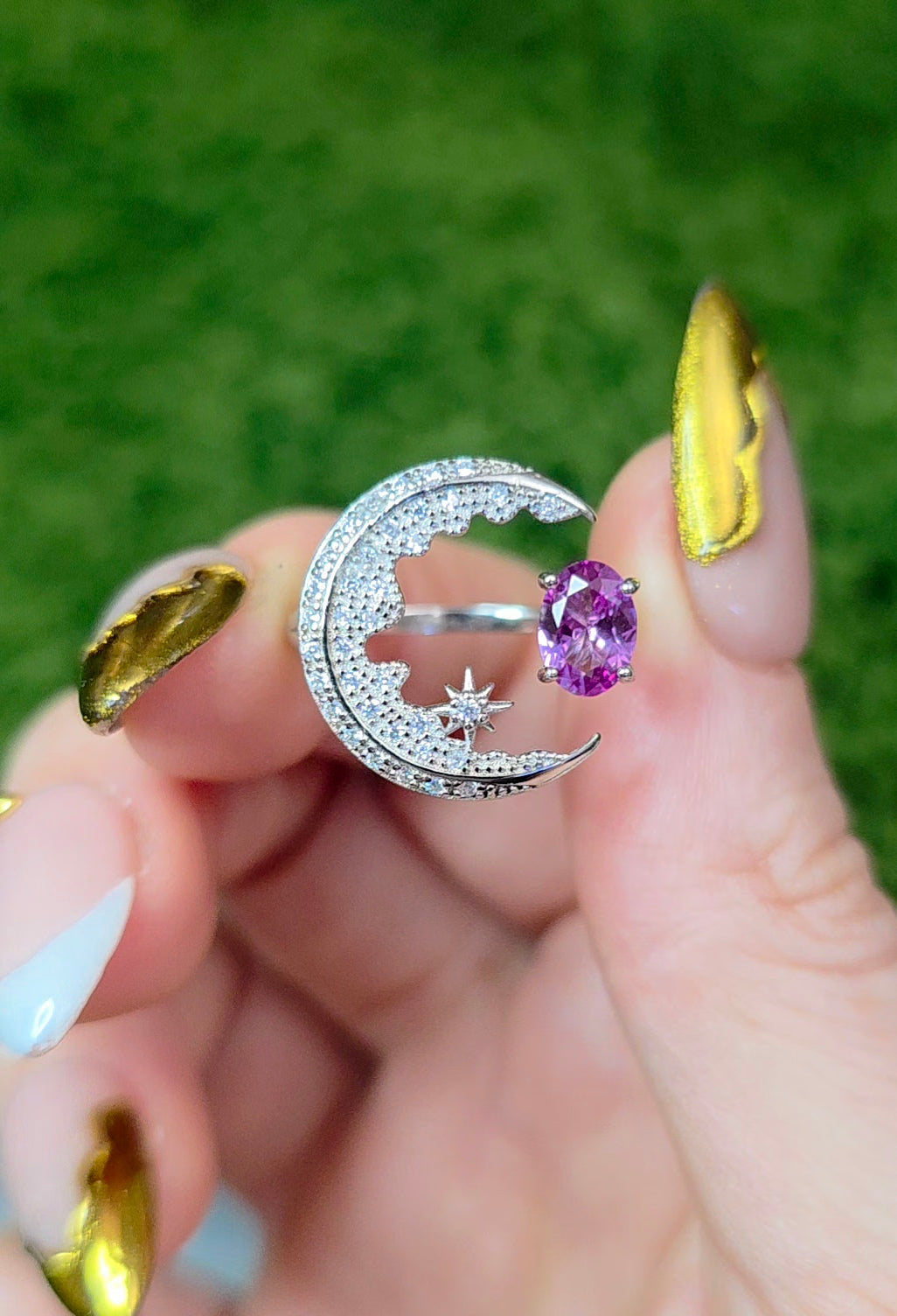 Alexandrite Crescent Moon Ring