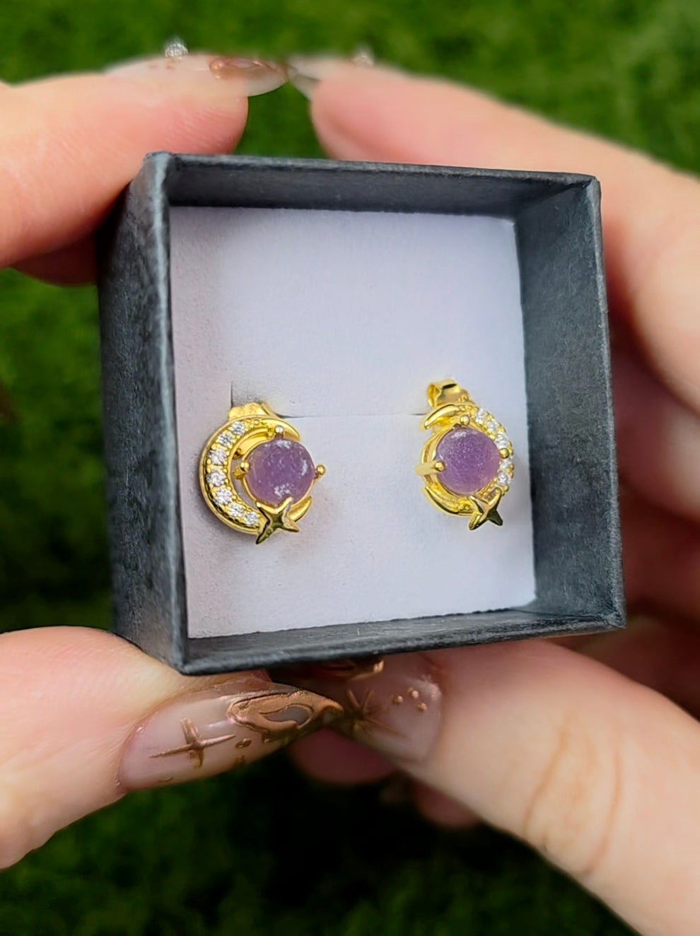 Grape Agate Gold Moon Earrings