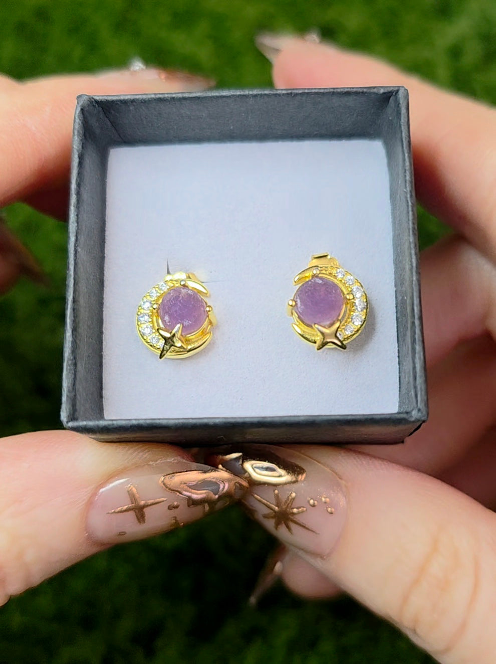 Grape Agate Gold Moon Earrings