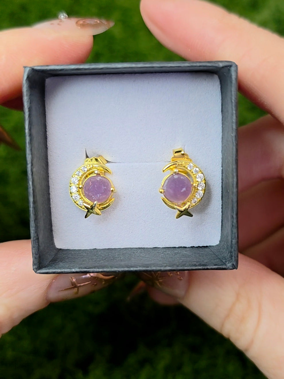 Grape Agate Gold Moon Earrings
