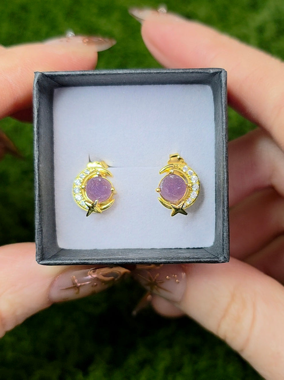 Grape Agate Gold Moon Earrings