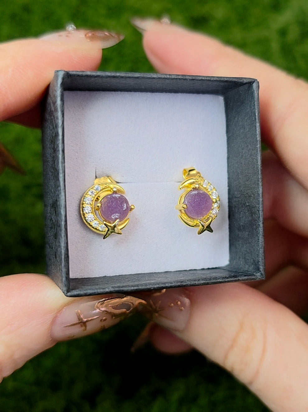 Grape Agate Gold Moon Earrings