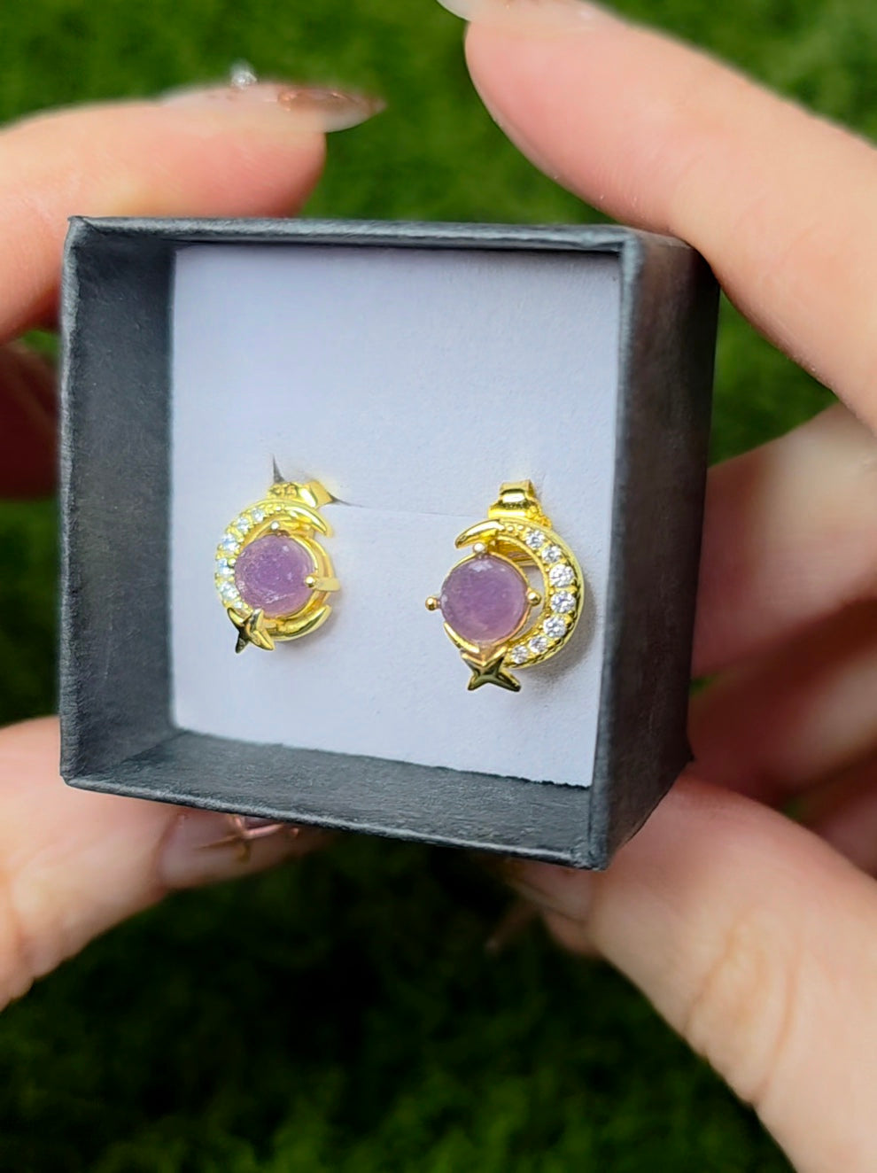Grape Agate Gold Moon Earrings
