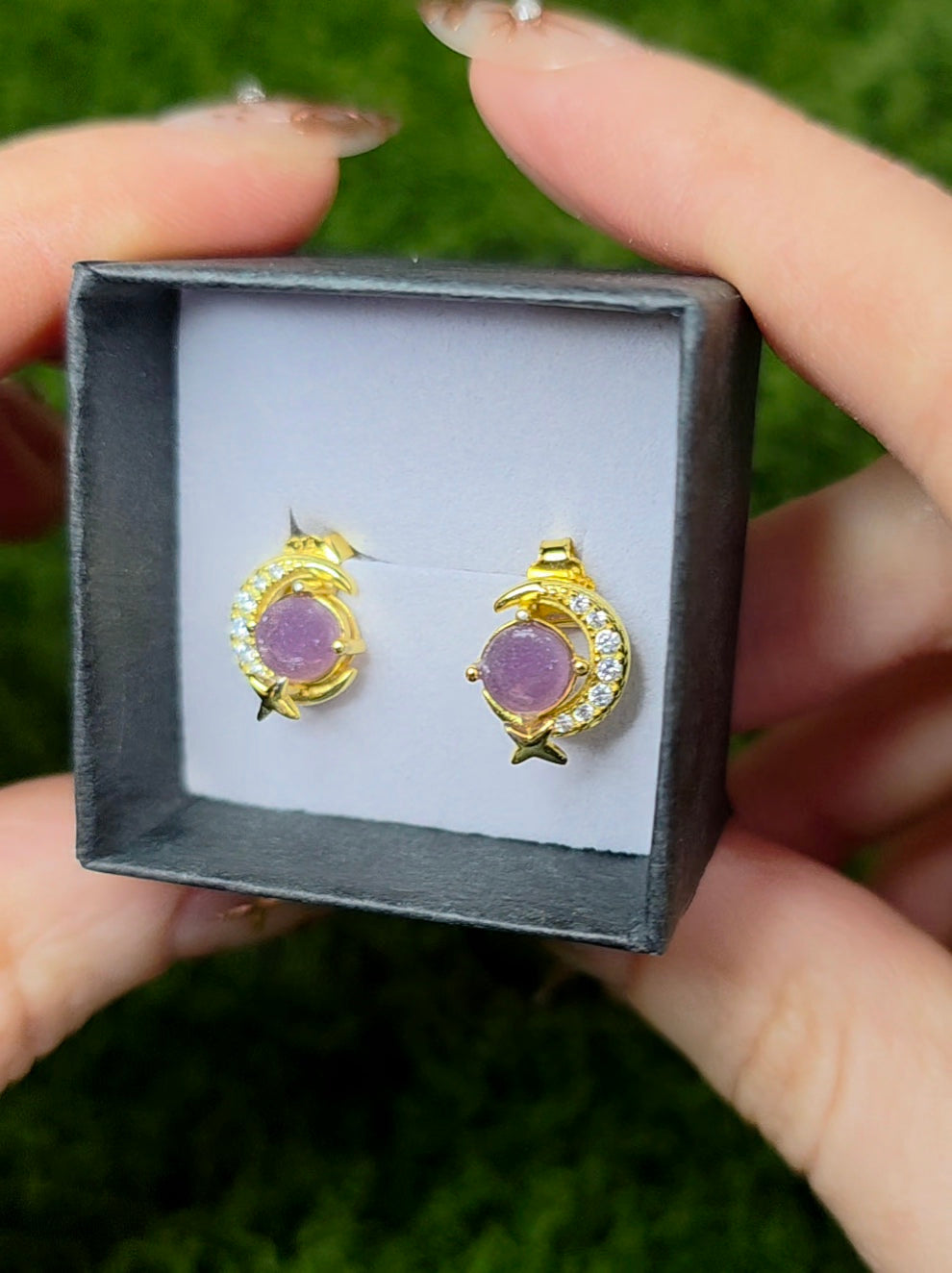 Grape Agate Gold Moon Earrings