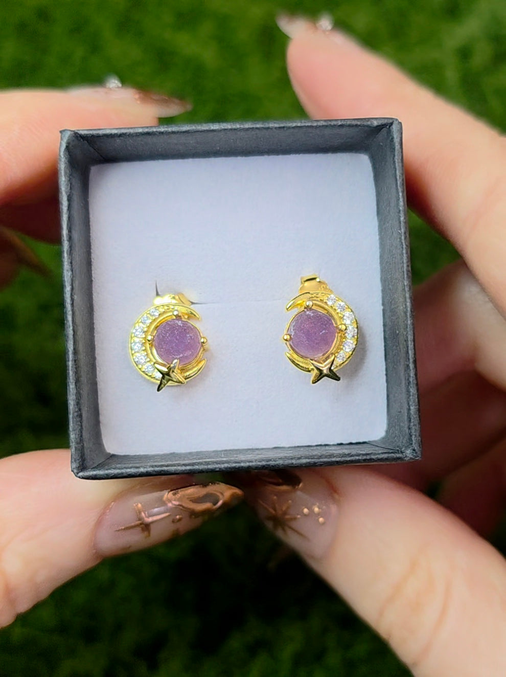 Grape Agate Gold Moon Earrings