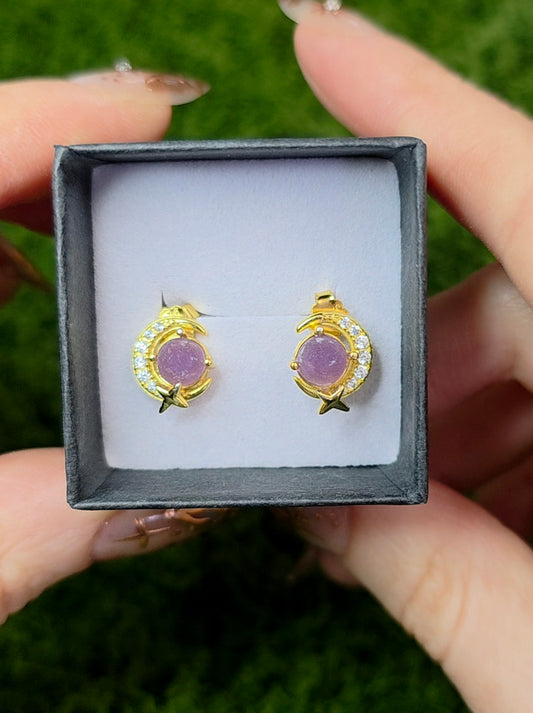 Grape Agate Gold Moon Earrings