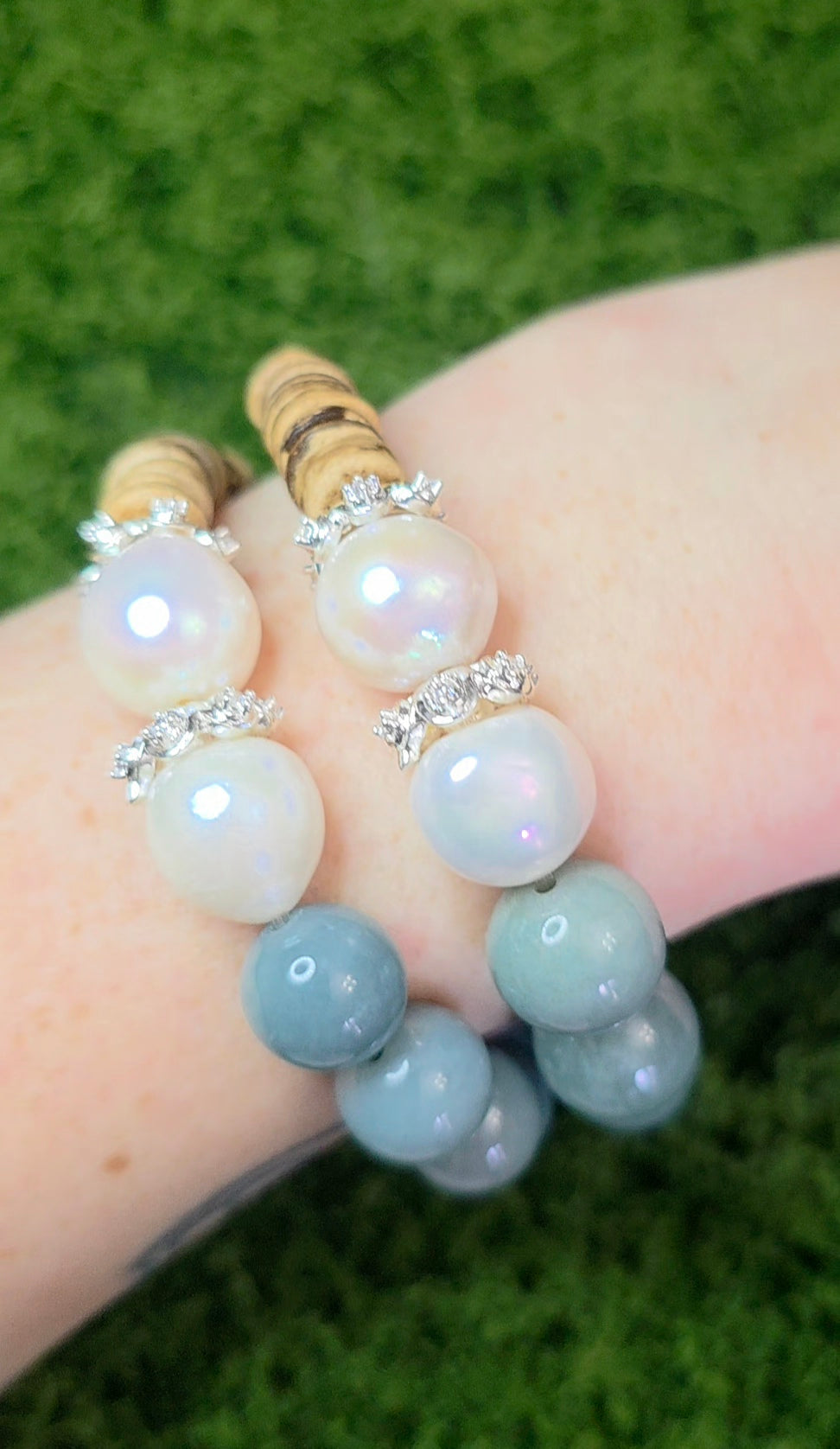 Jadeite, Pearl, and Wood Stretch Bracelet