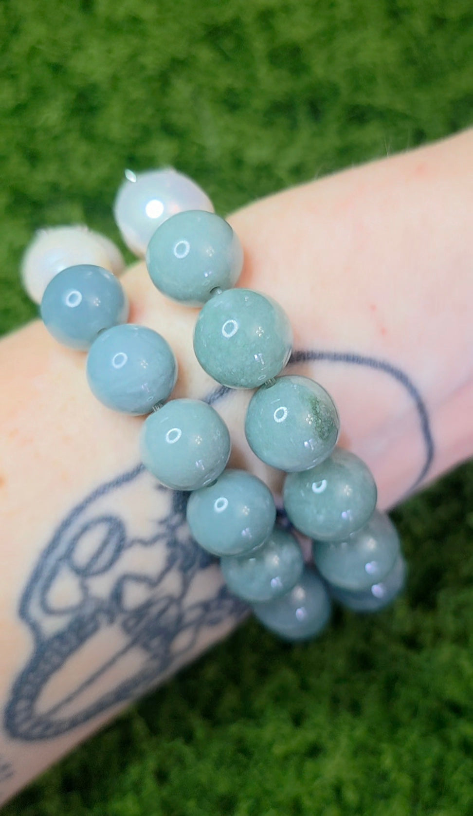 Jadeite, Pearl, and Wood Stretch Bracelet