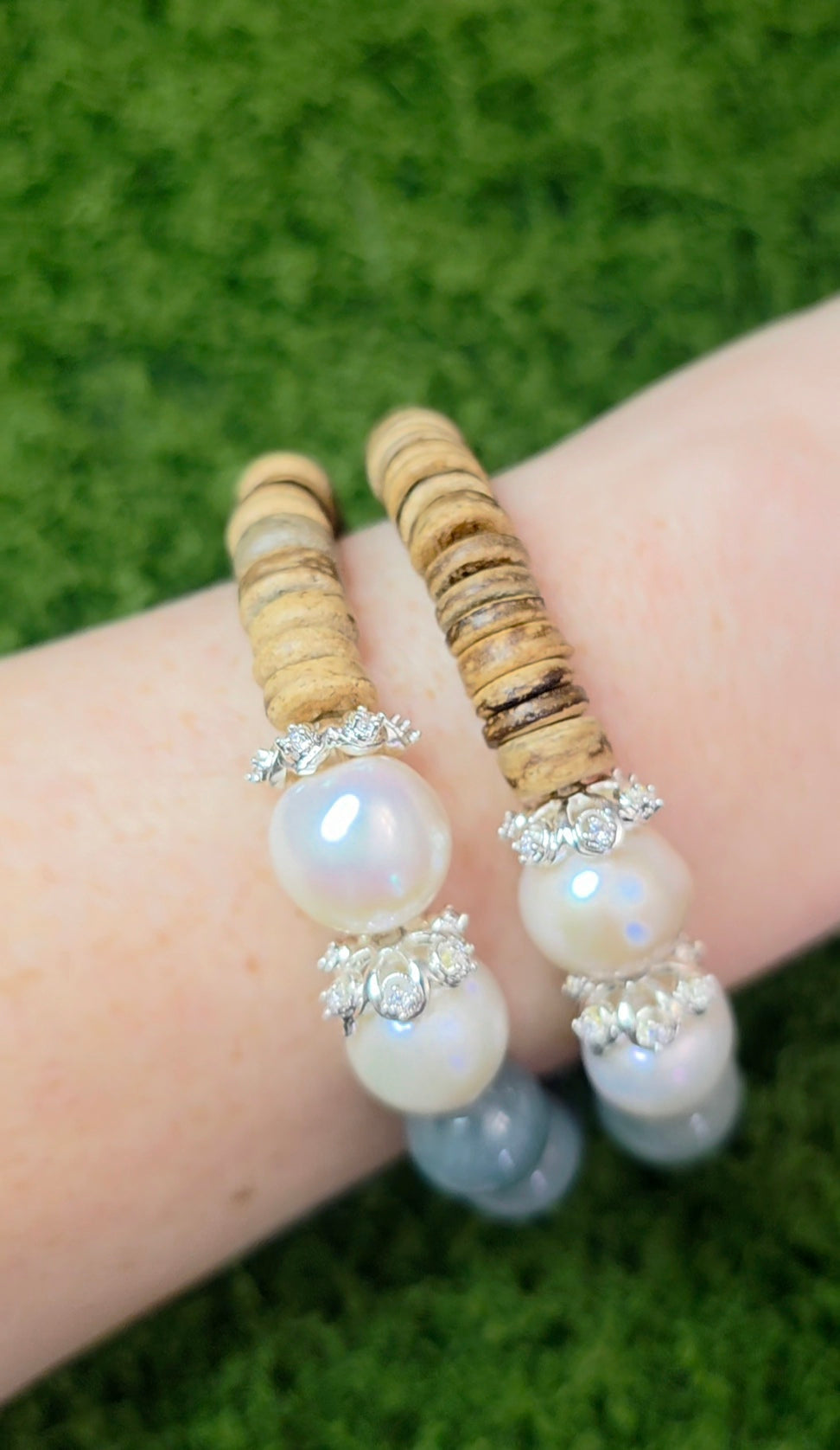 Jadeite, Pearl, and Wood Stretch Bracelet