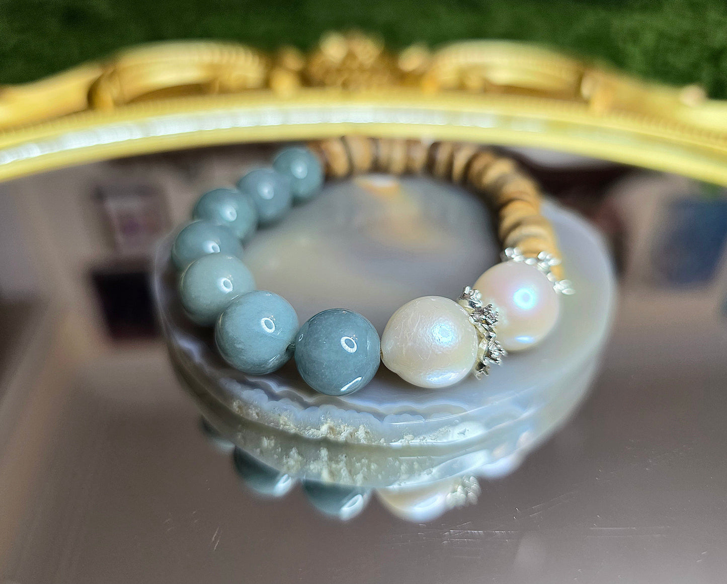 Jadeite, Pearl, and Wood Stretch Bracelet