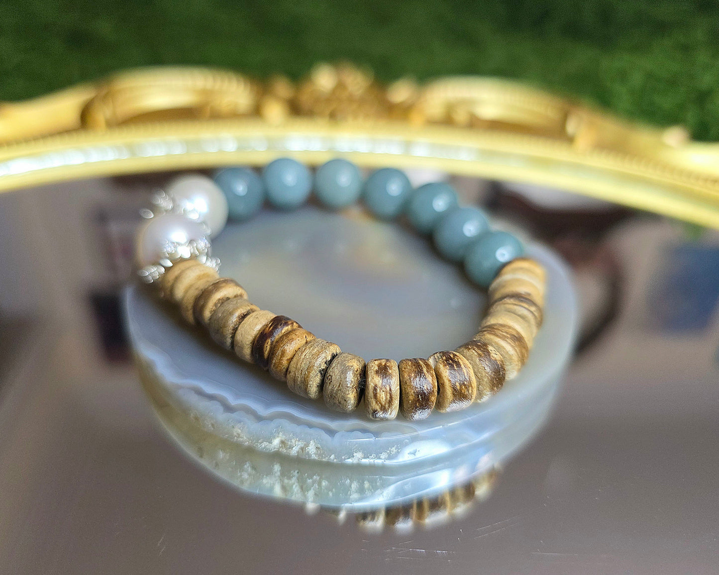 Jadeite, Pearl, and Wood Stretch Bracelet