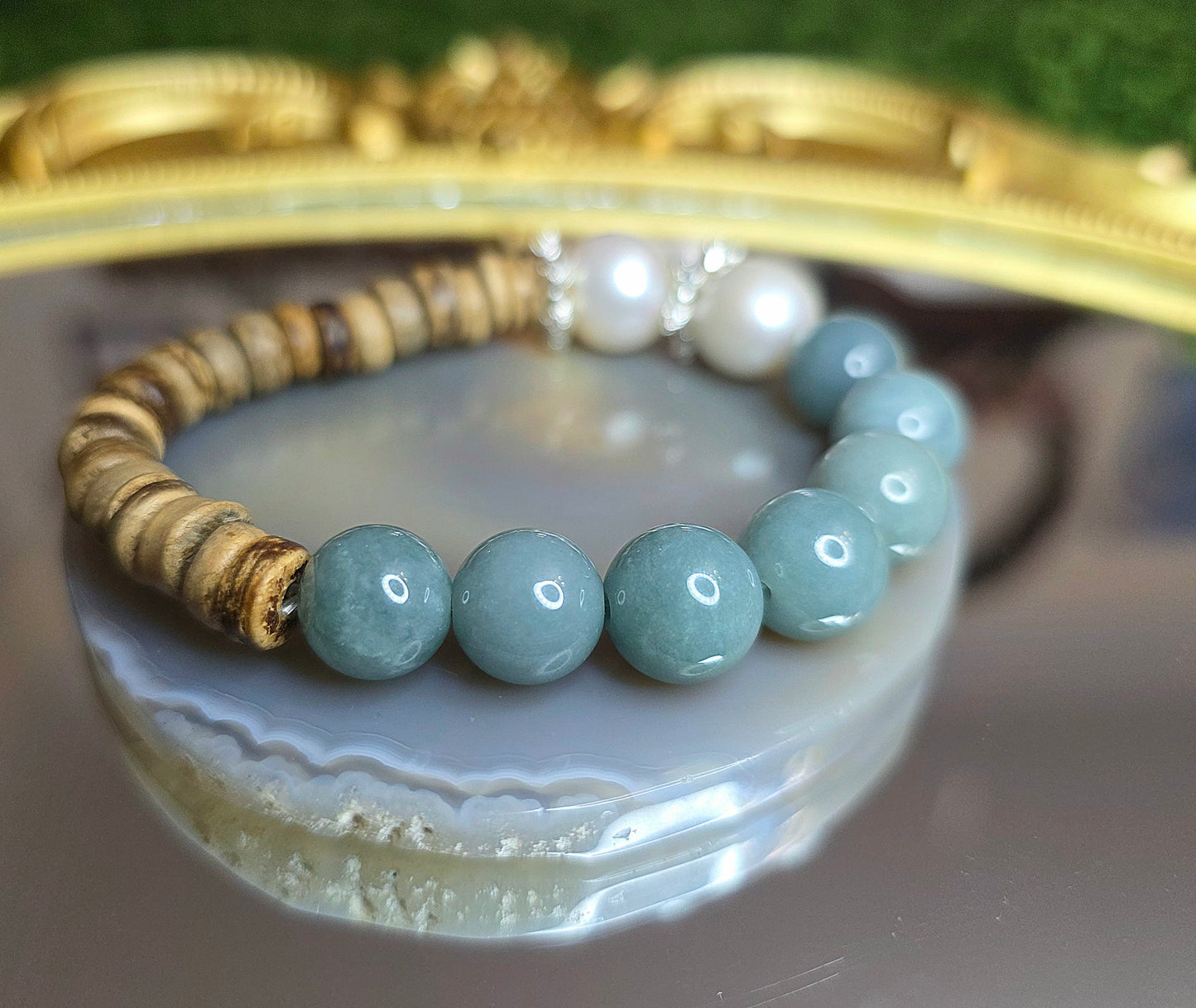 Jadeite, Pearl, and Wood Stretch Bracelet