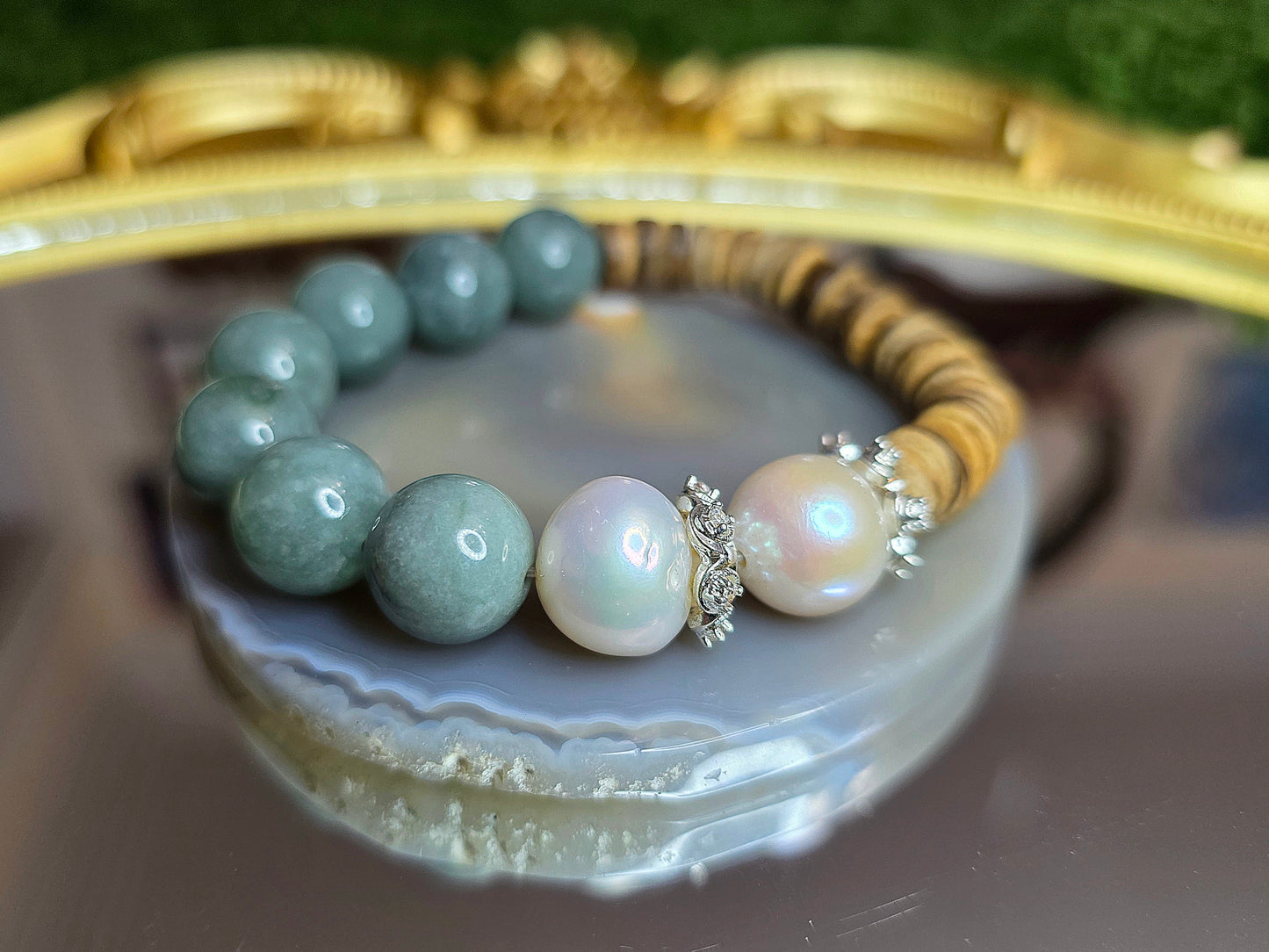 Jadeite, Pearl, and Wood Stretch Bracelet